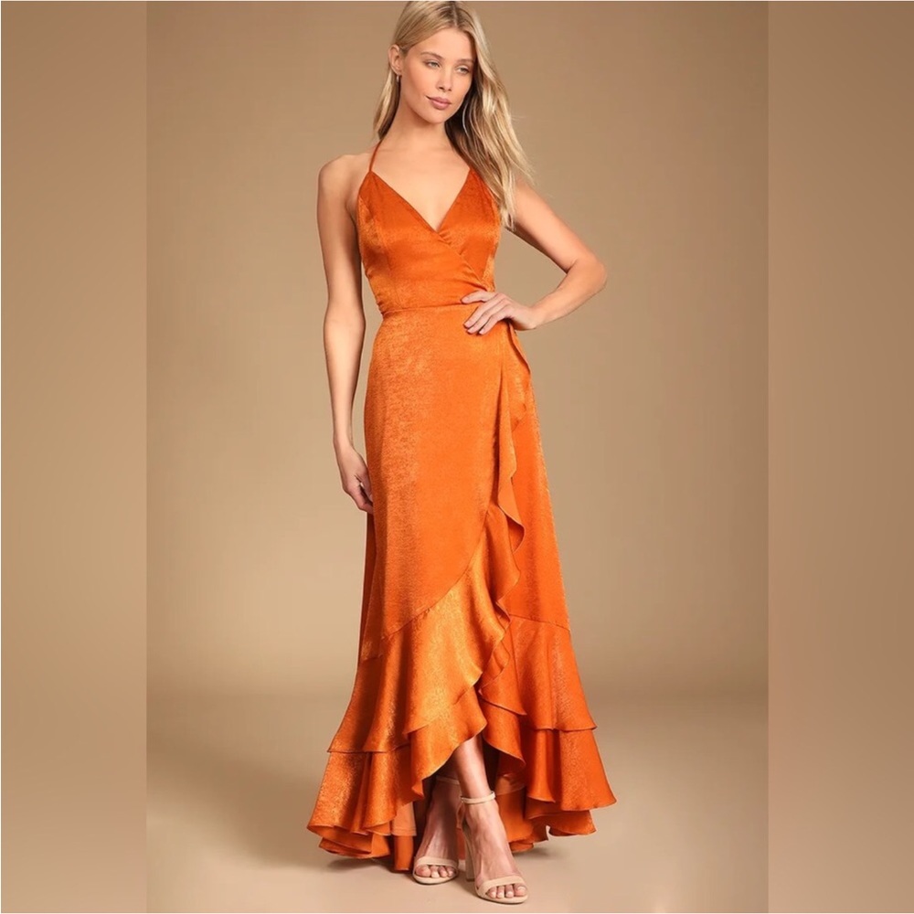 In Love Forever Rust Orange Satin Lace-Up High-Low Maxi Dress